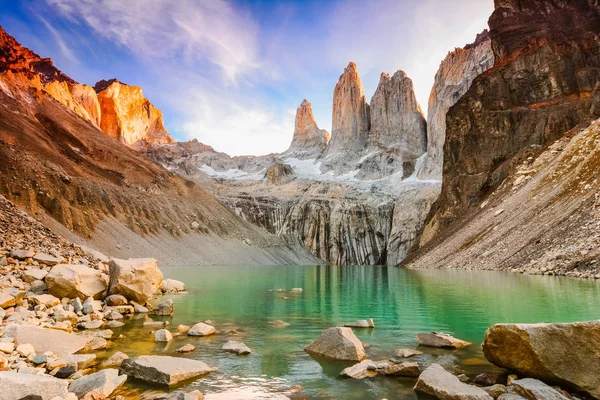 Laguna torres with the towers at sunset, Torres del Paine National Park, Patagonia, Chile Stock Image