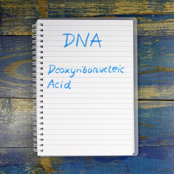 DNA - Testo dell'acido desossiribonucleico scritto nel quaderno — Foto Stock