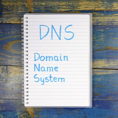 DNS - Alan Adı Sistemi tahta arkaplanda deftere yazıldı