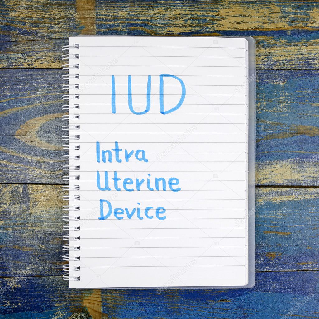 IUD- Intra Uterine Device written in notebook on wooden background