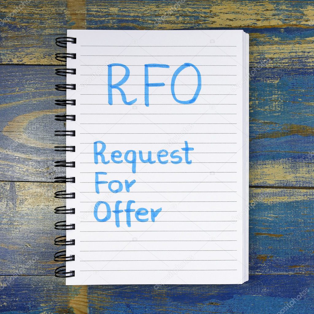 RFO- Request For Offer acronym written in notebook on wooden background
