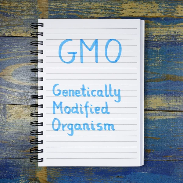 GMO- Генетично модифікований акронім організму, написаний у блокноті на дерев'яному фоні — стокове фото
