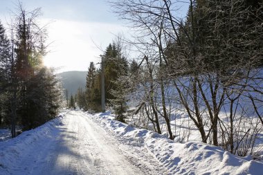 dağ manzarası renkli lens fişekleri ile yol ile kış