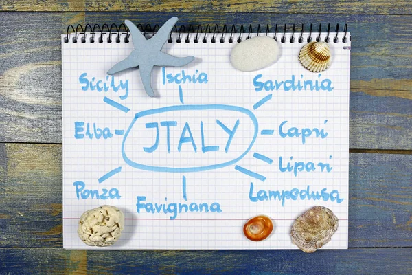 Most popular italian islands for summer vacations.written in notebook with sea theme decorations — Stock Photo, Image