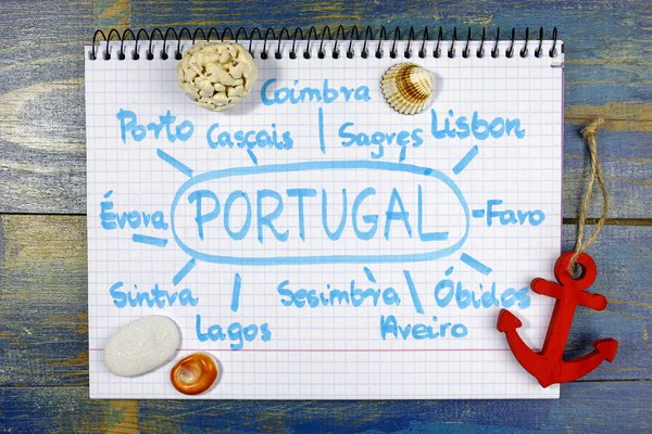 最も人気のあるポルトガル語夏の休暇のための場所します。海のテーマ装飾のノートで書かれて — ストック写真