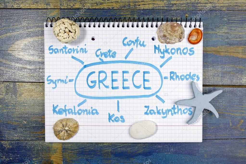 most popular greek islands for summer vacations. written in notebook with sea theme decorations