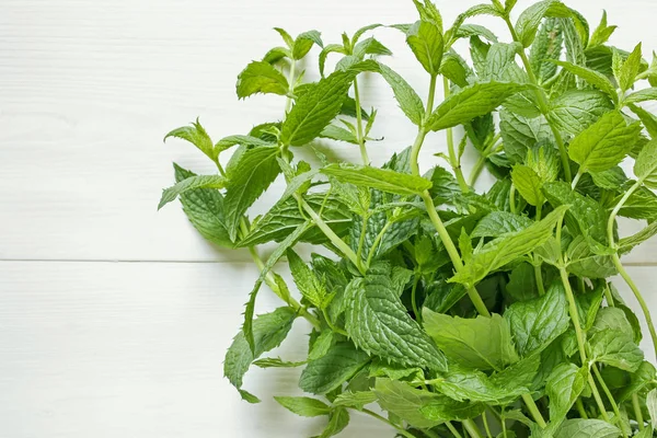 Bunch of green fresh mint on white wooden background — Stock Photo, Image