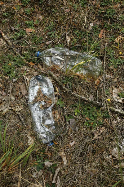Botella de plástico en el suelo del bosque, devastación de la naturaleza —  Fotos de Stock