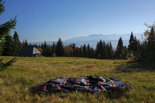 Gestreifte Decke auf der Lichtung mit wunderschönem Blick auf Tatra-Berge, Polen — Stockfoto