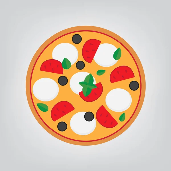 Pizza margherita con queso mozzarella, tomate, aceitunas y basil- vector ilustración — Archivo Imágenes Vectoriales