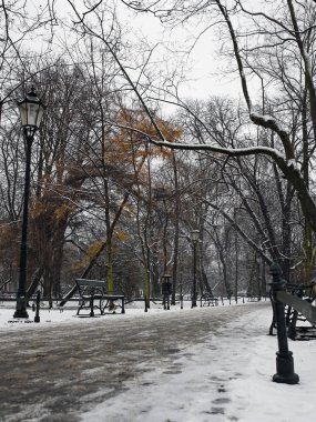 boş yol kış sahne Planty Park, Krakow, Polonya
