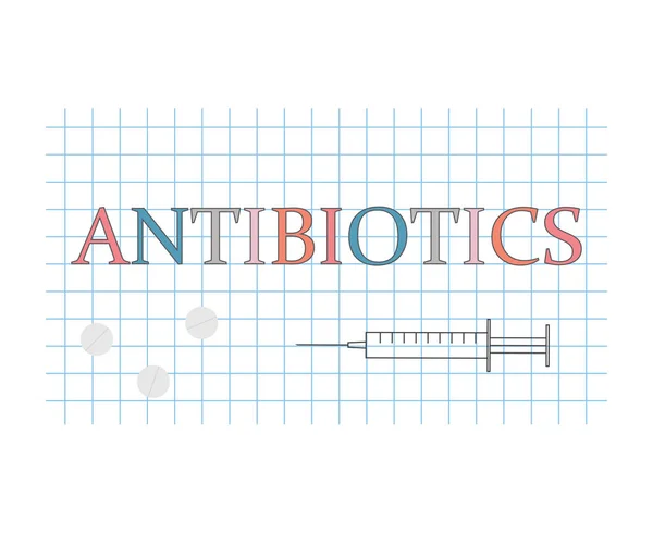 Antibióticos palabra en hoja de papel a cuadros-vector ilustración — Vector de stock