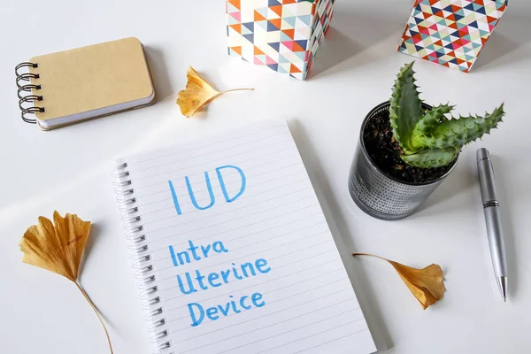 Dispositivo uterino IUD Intra scritto in notebook su tavolo bianco — Foto Stock