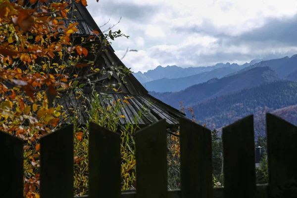 Vista panorâmica das montanhas Tatra atrás de cerca de madeira velha, Zakop — Fotografia de Stock