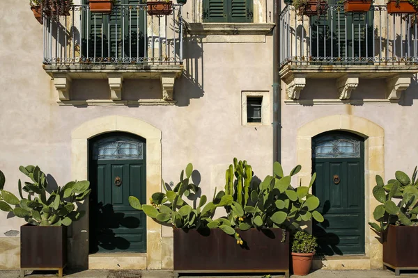Gevel van typisch Italiaans gebouw versierd met cactussen in bloempotten — Stockfoto