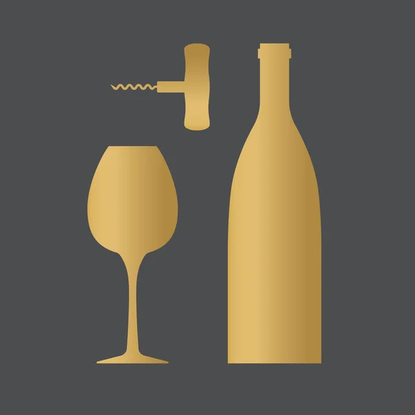 金色酒瓶 玻璃杯和瓶塞图标 矢量插图 — 图库矢量图片