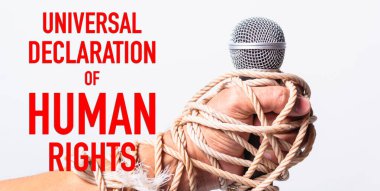 El ele tutuşan mikrofon ve tek kollu yumruklar.