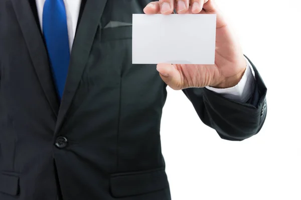 Affärsman hand visar visitkort eller not papper isolat — Stockfoto
