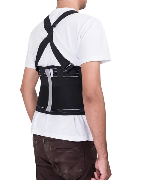 Travailleur homme porter des ceintures de soutien du dos — Photo