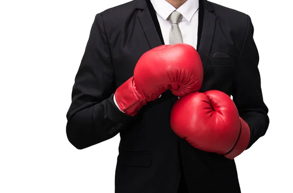 Uomo d'affari in piedi postura in guanti da boxe isolato — Foto Stock