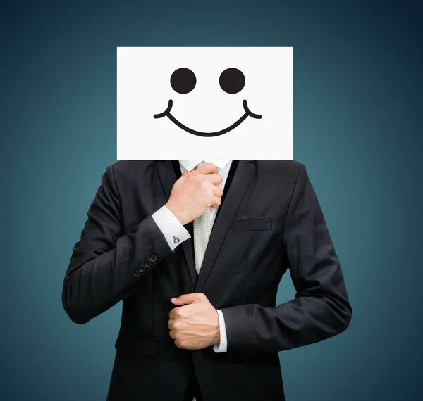 Affärsman stående vitt papper glad leende ansikte hålla framsidan — Stockfoto