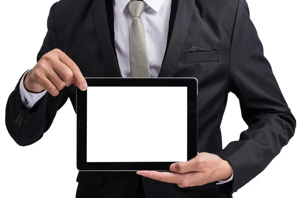 Yong empresário segurando computador tablet digital mostrando tela — Fotografia de Stock