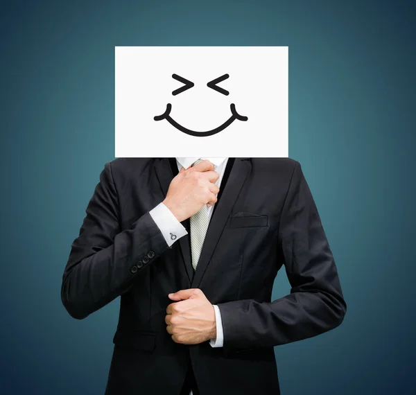 Affärsman stående vitt papper glad leende ansikte hålla framsidan — Stockfoto