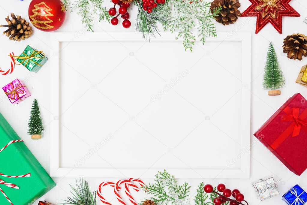 Christmas composition decorations, fir tree branches with Photo 