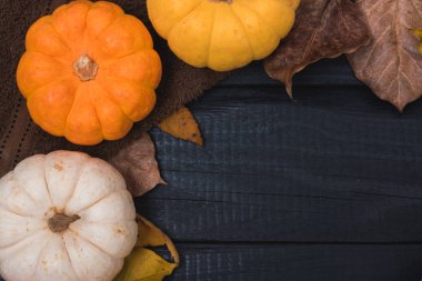 Sonbahar Şükran Günü ve Cadılar Bayramı balkabakları ve ahşap arka planda kuru yapraklar.