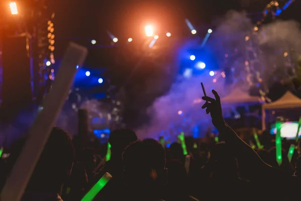 Concert Crowd Music Festival People Raised Hands Stage Lights — Stock Photo, Image