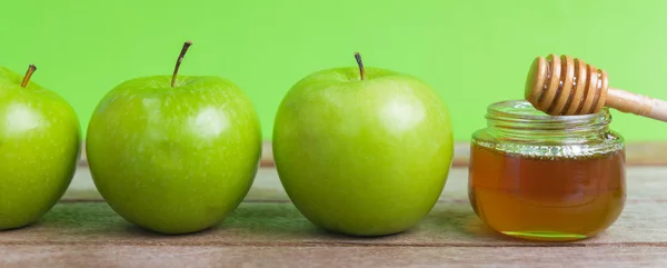 Еврейский Праздник Apple Рош Шана Фото Мед Банке Зеленые Яблоки — стоковое фото