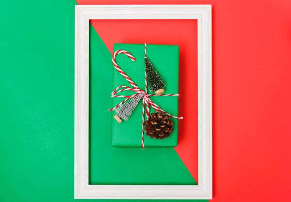 Nový Rok Vánoční Vánoční Sváteční Kompozice Top View Dárkové Zelené — Stock fotografie