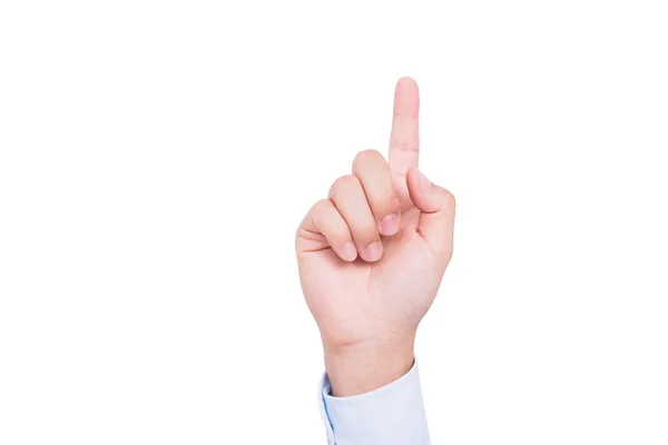 Front Hand Businessman Index Finger Pointing Upwards Isolated White Background — Stock Photo, Image