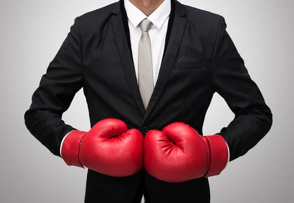 Businessman Standing Posture Boxing Gloves Isolated Gray Background — Stock Photo, Image