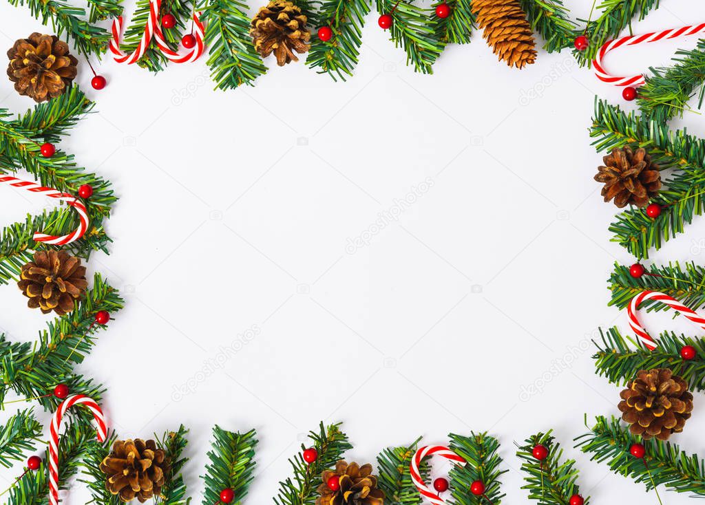 Happy New Year and Christmas day, top view flat lay composition decoration on white background with copy space for your text