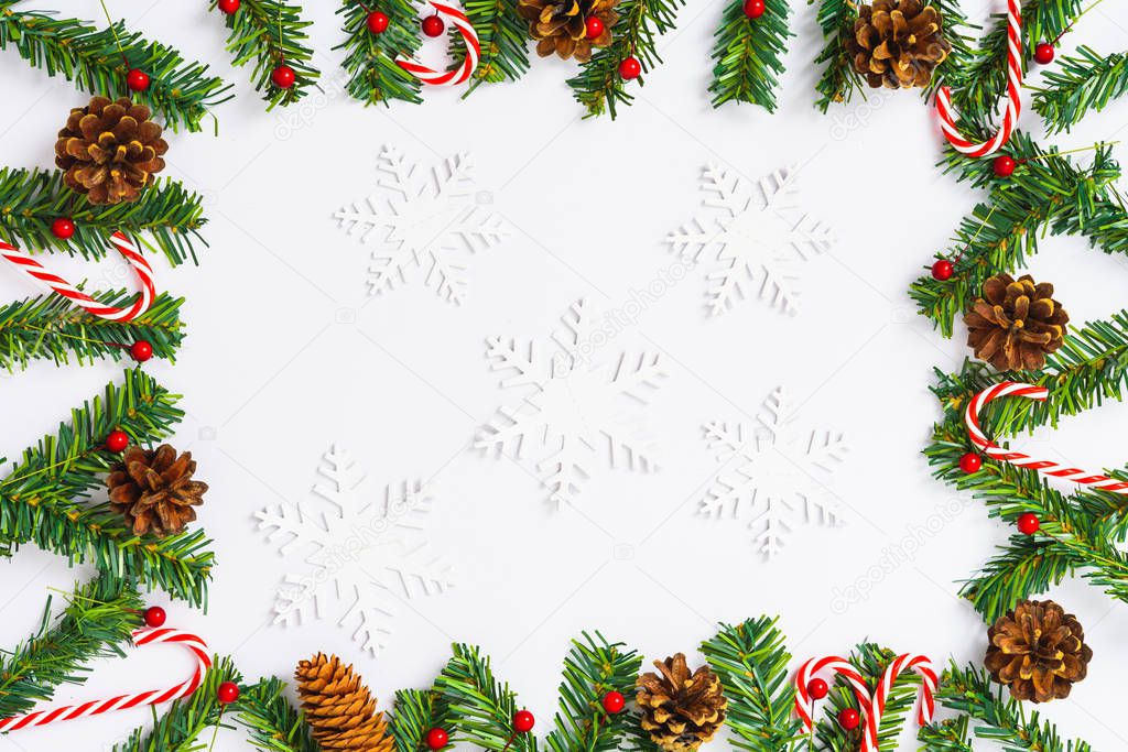 Happy New Year and Christmas day, top view flat lay composition decoration on white background with copy space for your text