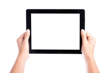 Kadın elleri tablet bilgisayarı tutarken izole ekran ve arkaplan