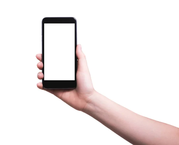 Женщина Держит Руку Современный Смартфон Черным Экраном Изолированном Белом Фоне — стоковое фото