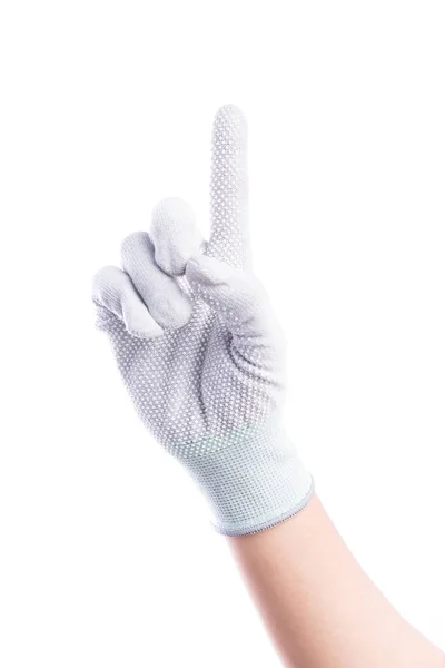 Mostrar Mãos Dedo Com Luvas Algodão Isolar Fundo Branco — Fotografia de Stock