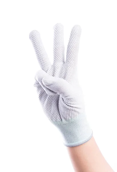 Zobrazit Ruce Tři Prsty Bavlněnými Rukavicemi Izolovat Bílém Pozadí — Stock fotografie
