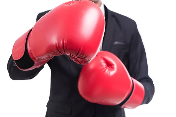 Postura Hombre Negocios Con Guantes Boxeo Aislados Sobre Fondo Blanco —  Fotos de Stock