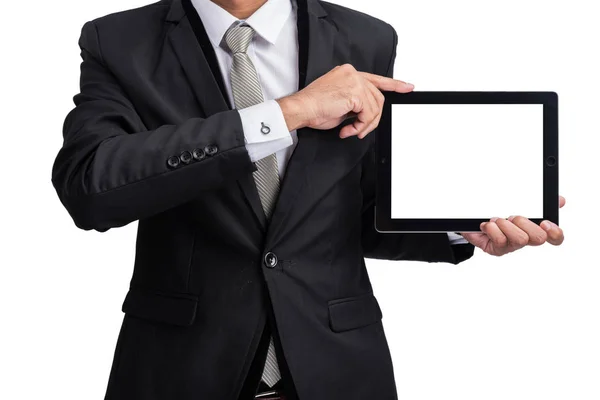 Yong Empresário Segurando Computador Tablet Digital Mostrando Tela Exibição Isolada — Fotografia de Stock