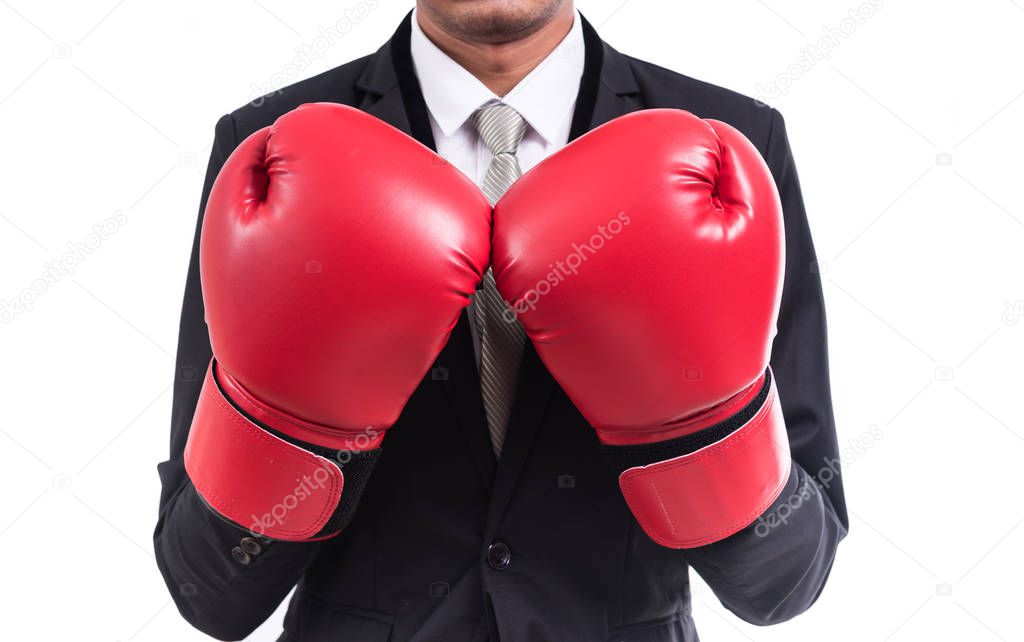 Businessman standing posture with boxing gloves isolated on white background