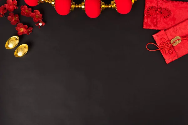 Chinees Nieuwjaarsconcept Flat Lay Top View Gelukkig Chinees Nieuwjaar Met — Stockfoto