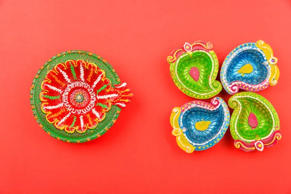 Happy Diwali Day Flat Lay Vista Superior Lâmpadas Argila Colorida — Fotografia de Stock