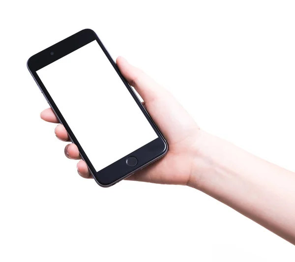 Mão Feminina Segurando Celular Smartphone Branco Tela Branca Isolada Fundo — Fotografia de Stock