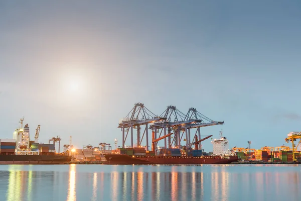 Container Cargo Freight Ship Crane Bridge Logistics Harbor Sunrise — Stock Photo, Image