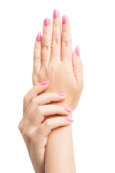 Mulher Mãos Gestos Sobre Fundo Branco — Fotografia de Stock