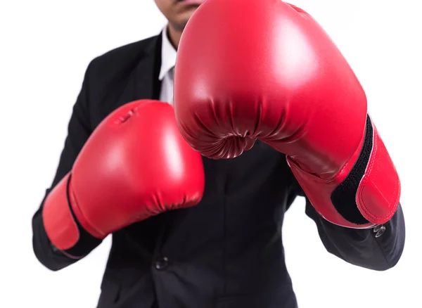 Postura Hombre Negocios Con Guantes Boxeo Aislados Sobre Fondo Blanco —  Fotos de Stock