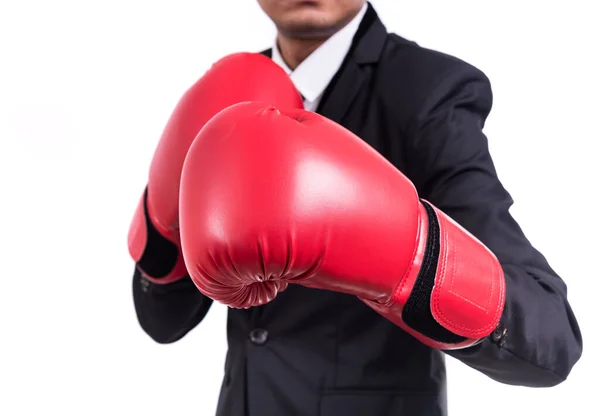 Affärsman Stående Hållning Med Boxningshandskar Isolerad Vit Bakgrund — Stockfoto